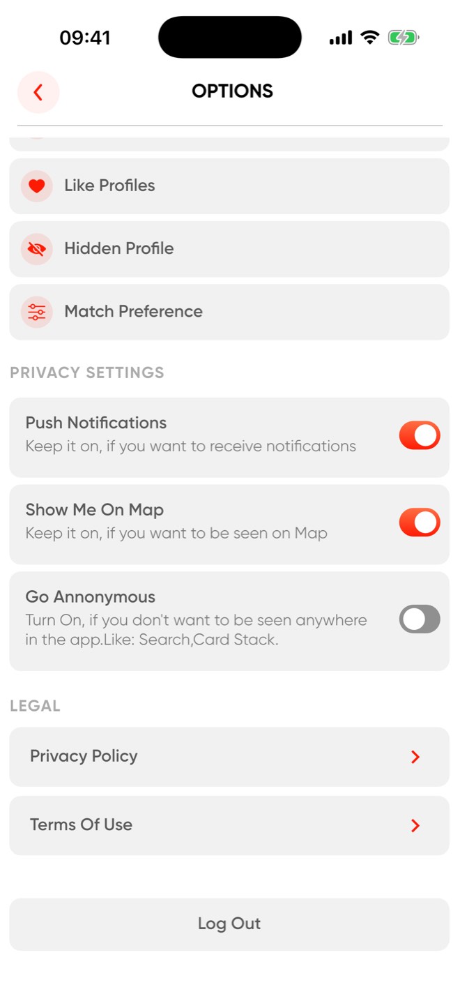 Settings screen: switches for notifications, map visibility and anonymous mode