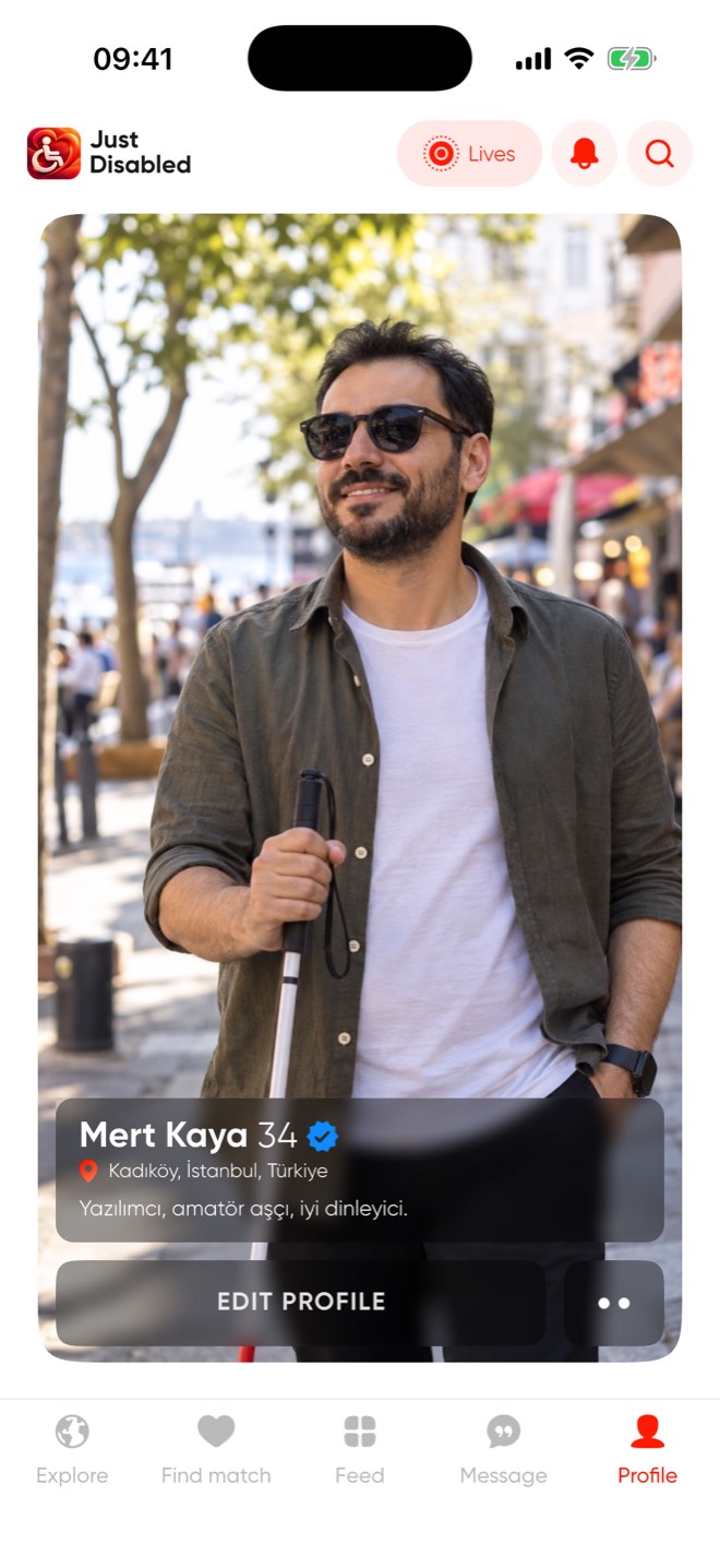 Your own profile screen: photo, name, city and an edit profile button