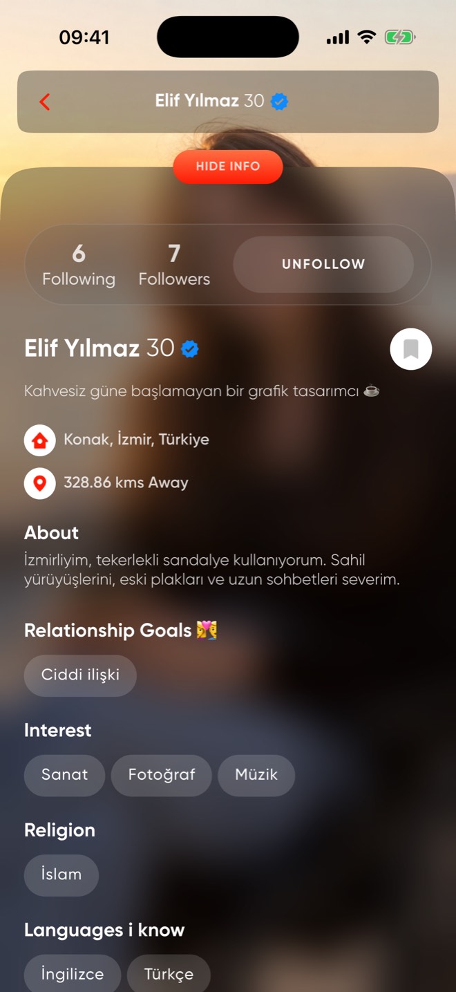 Profile screen: photo, about text and interests